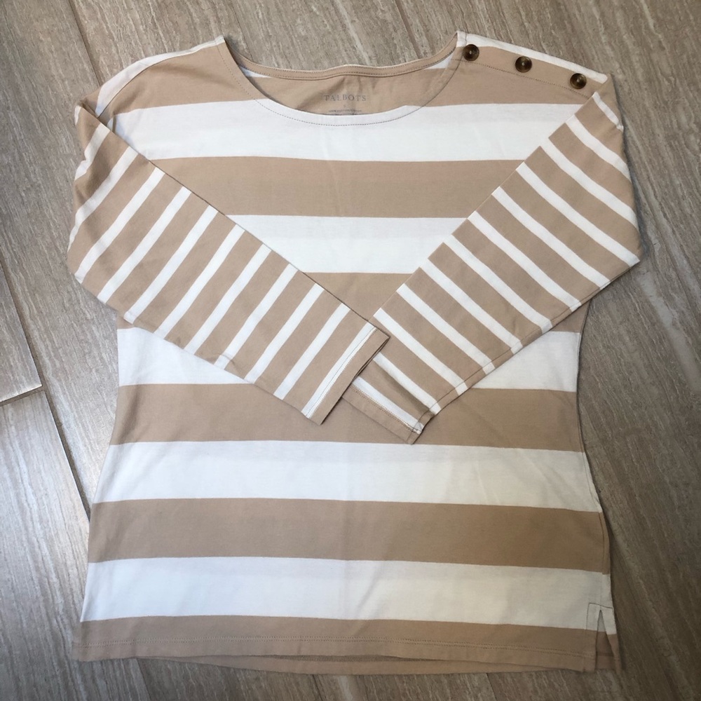 Talbots Beige & White Striped 3/4 Sleeve Top Size S (runs big)